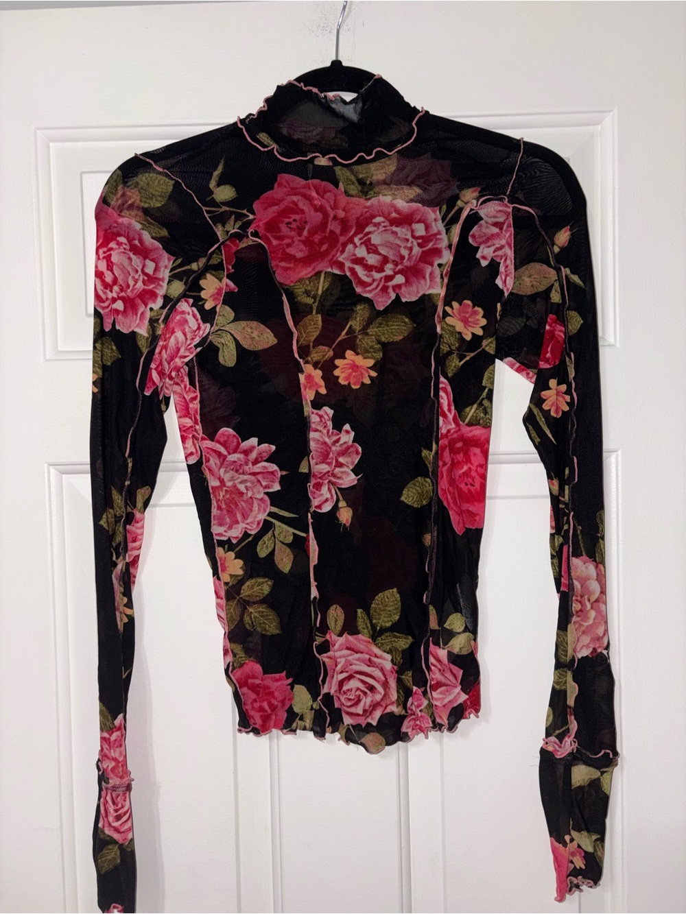 Free People Black Mesh Floral Mock Neck Long Sleeve Top with Pink Roses